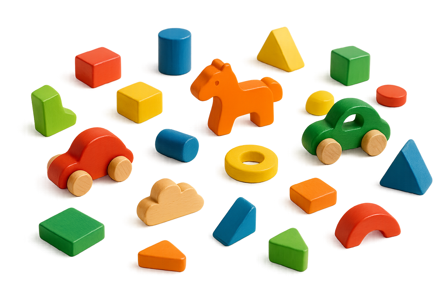 brinquedos coloridos de madeira espalhados em estudio sem fundo